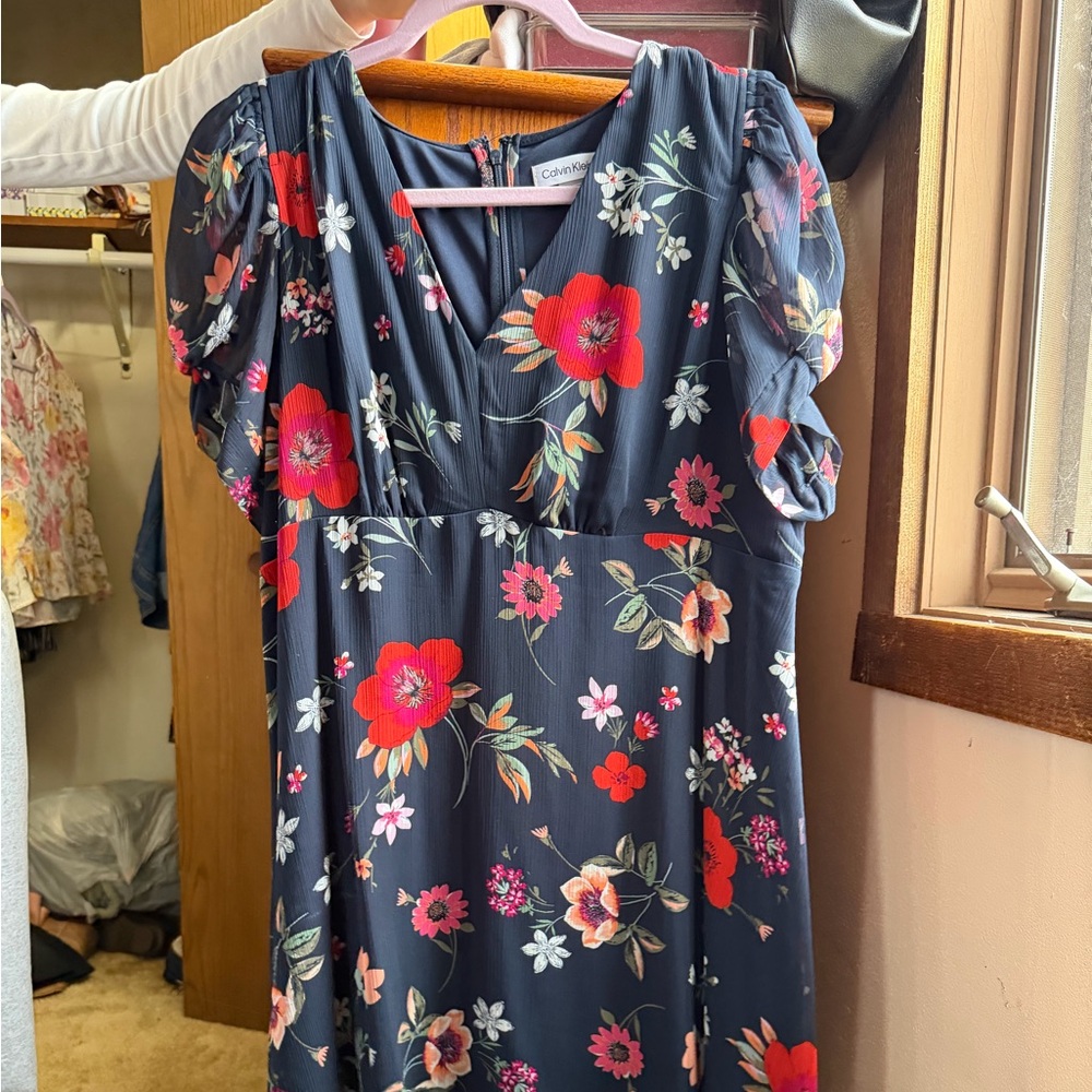 Calvin Klein Floral Midi Dress - Navy and Red